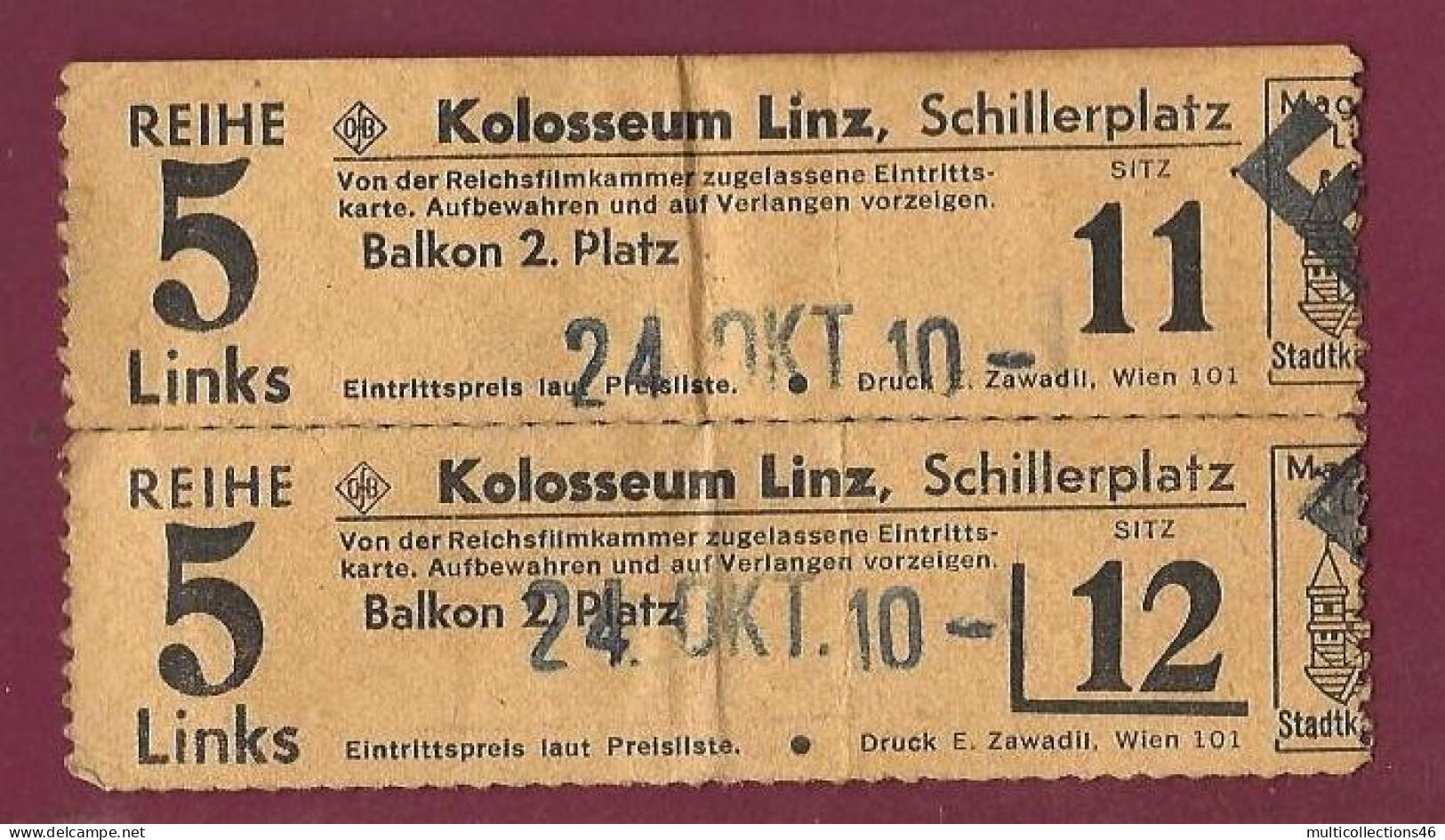 180124A - AUTRICHE 1910 Billets Cinéma LINZ Kolosseum Schillerplatz Reihe 5 Links  - Linz
