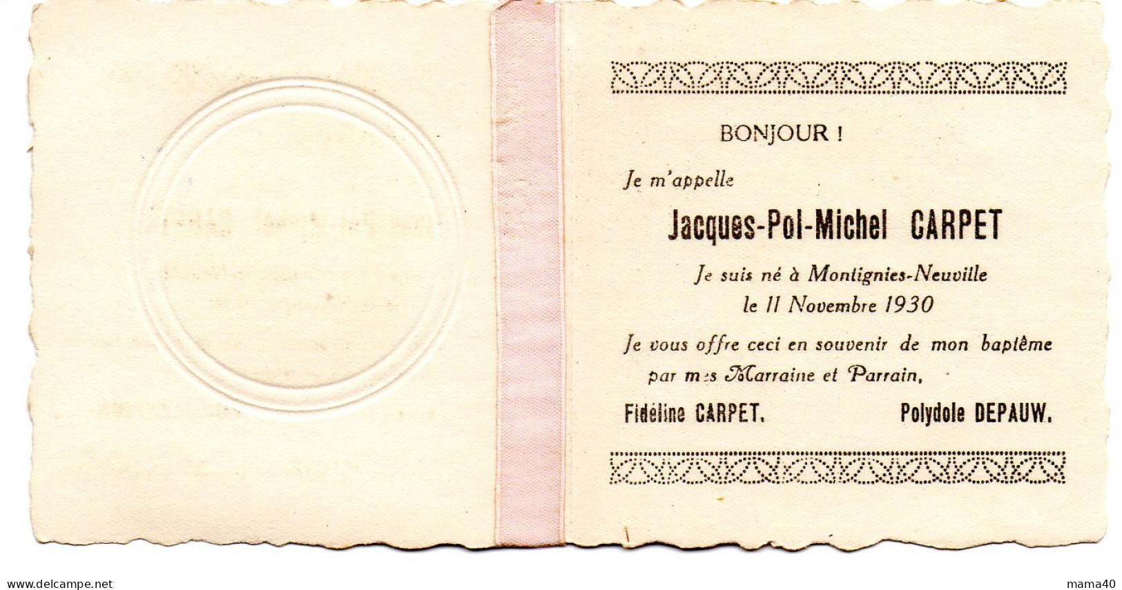 FAIRE PART DE BAPTEME DE 1930 - BELGIQUE - MONTIGNIES-NEUVILLE - Nacimiento & Bautizo