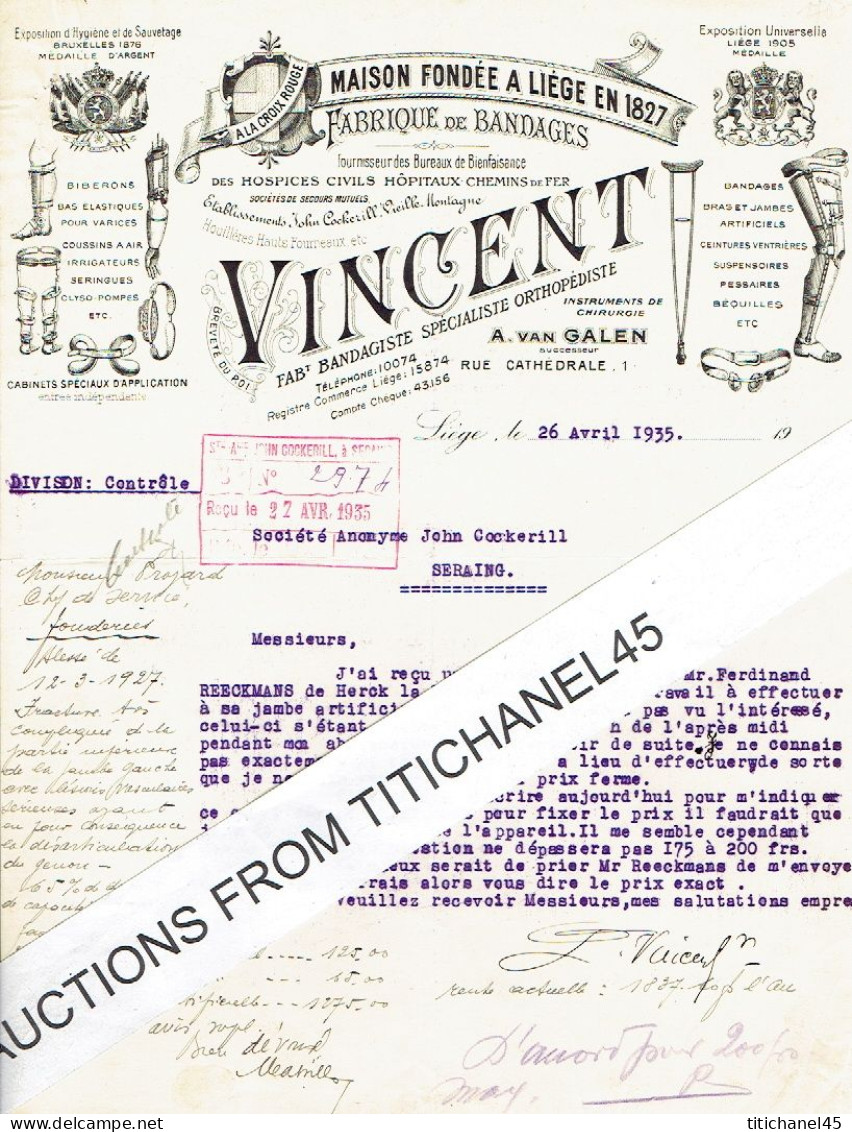 Lettre Illustrée 1935 LIEGE - VINCENT - Fabricant Bandagiste, Orthopédiste - Instruments De Chirurgie, Béquilles - Andere & Zonder Classificatie