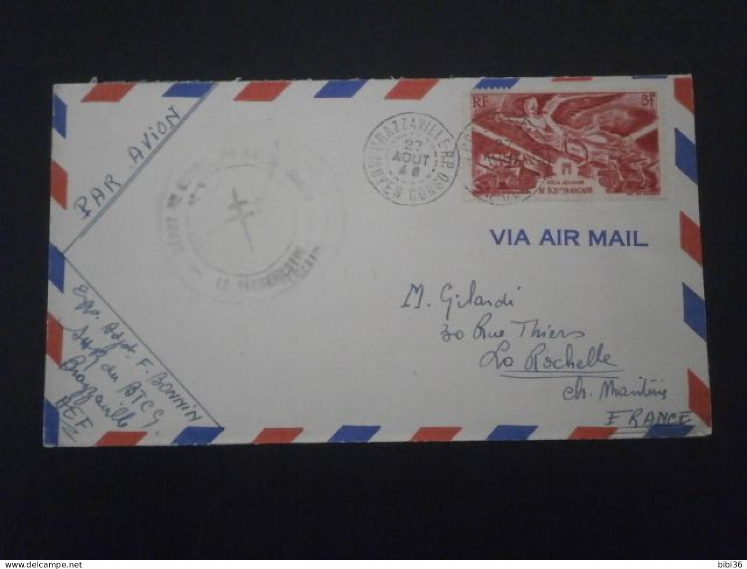 AEF LETTRE ENVELOPPE COURRIER AVION BRAZZAVILLE MOYEN CONGO LA ROCHELLE CHARENTE PA43 POSTE AERIENNE CROIX LORRAINE - Cartas & Documentos