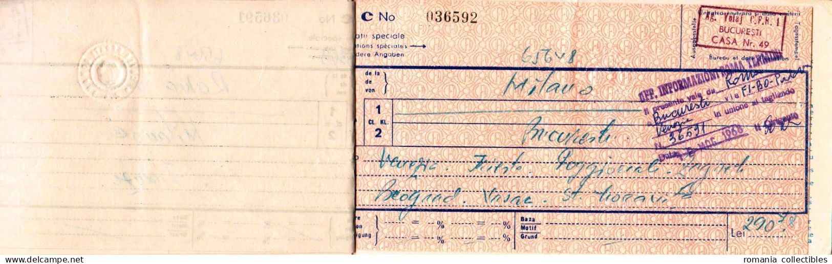 Romania, 1968, Vintage International Train Ticket - Belgrade - Milano - Roma - Genova, CFR