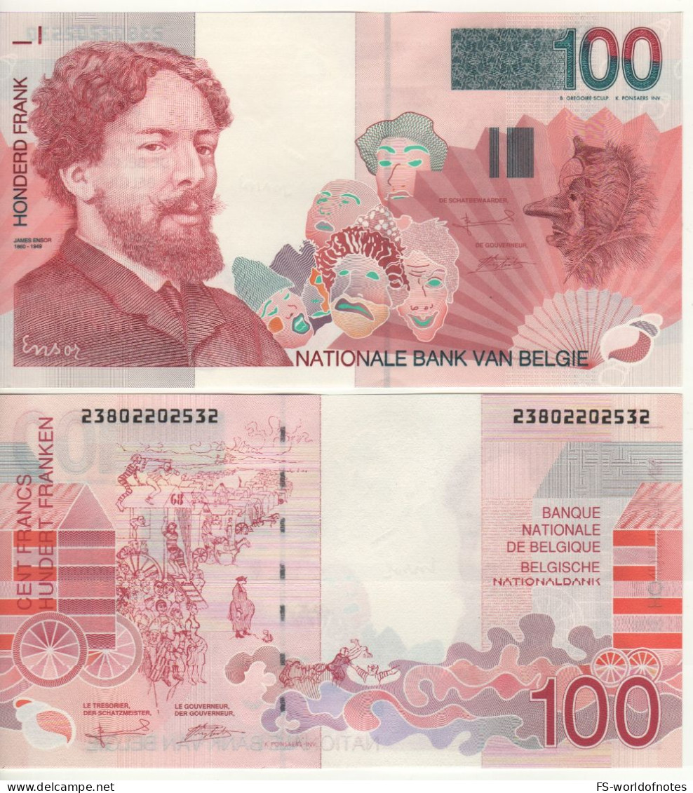 BELGIUM   100 Francs P147    (ND  1995-2001)   (  James Ensor, Theatre Masks   )    UNC - 100 Francos