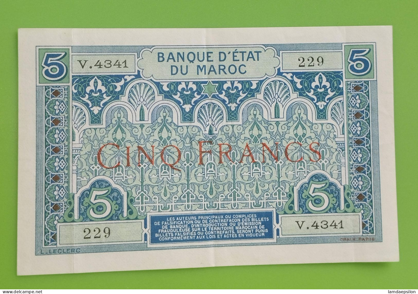 MAROC MOROCCO MARRUECOS MAROKKO BANQUE D'ETAT 5 FRANC 1924 AUNC - Morocco