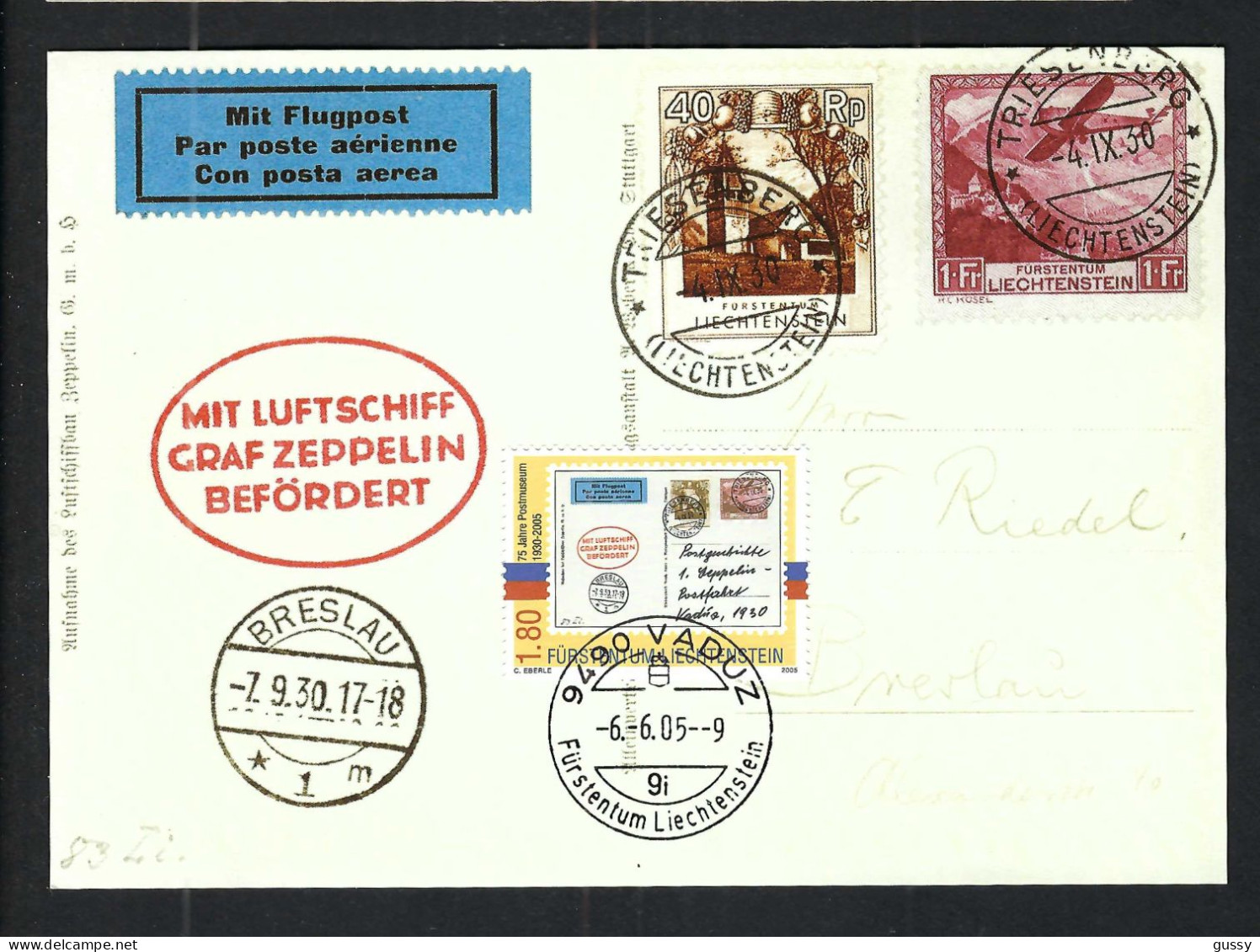 LIECHTENSTEIN Ca.1930: CP De Triesenberg, Vol "Zeppelin" De Vaduz à Breslau (Allemagne) - Storia Postale