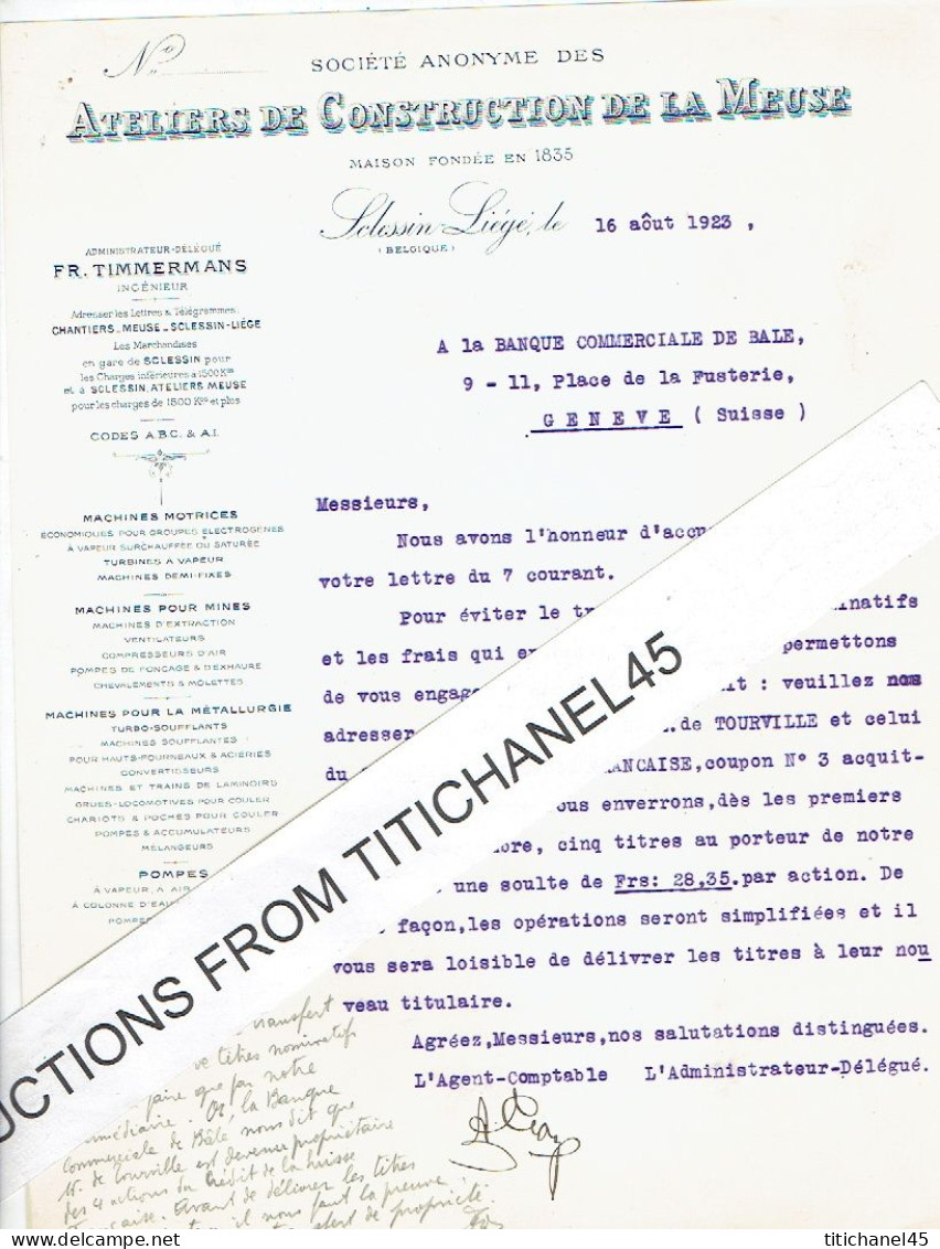 1923  SCLESSIN - Lettre Des ATELIERS DE CONSTRUCTION DE LA MEUSE - Fabrication De Locomotives, Grues, Mélangeurs, Pompes - Otros & Sin Clasificación