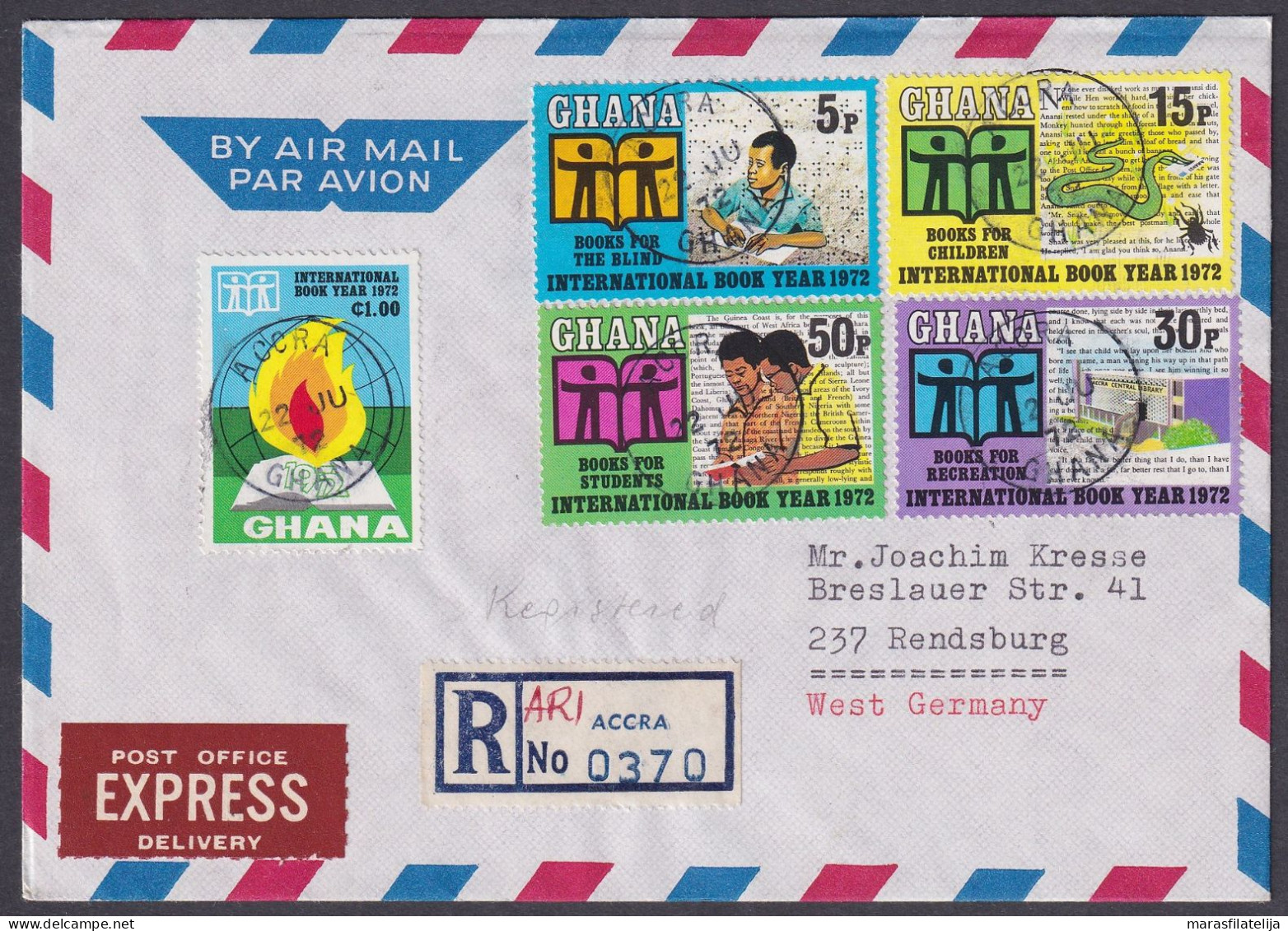 Ghana 1972, International Book Year, Set & Souvenir Sheet On Registered Letters - Ghana (1957-...)