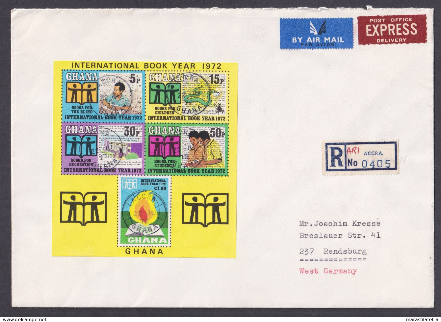 Ghana 1972, International Book Year, Set & Souvenir Sheet On Registered Letters - Ghana (1957-...)