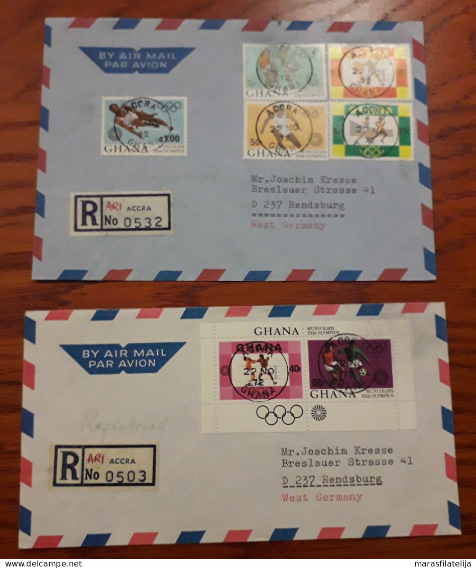 Ghana 1972, Olympic Games Munich, Set + Souv. Sheet On Reg Letters To Germany - Ghana (1957-...)