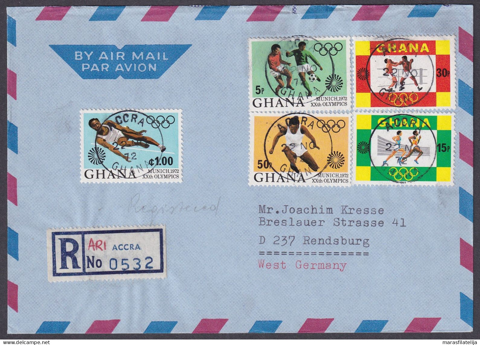 Ghana 1972, Olympic Games Munich, Set + Souv. Sheet On Reg Letters To Germany - Ghana (1957-...)