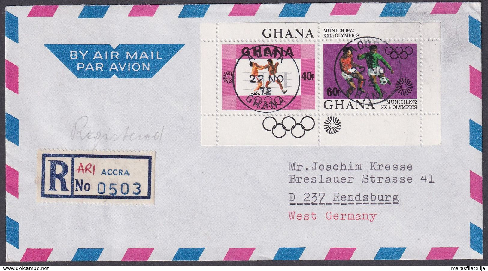 Ghana 1972, Olympic Games Munich, Set + Souv. Sheet On Reg Letters To Germany - Ghana (1957-...)