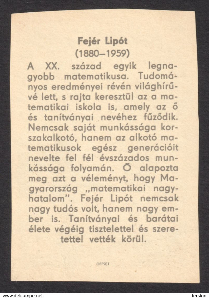 Mathematician FEJÉR LIPÓT Mathematics  Science SCIENTIST 1960 Hungary Offset Press LABEL CINDERELLA VIGNETTE - Nature