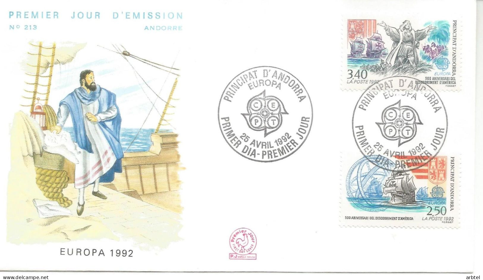 ANDORRA FDC EUROPA CEPT 1992 COLON COLUMBUS AMERICA - Christopher Columbus