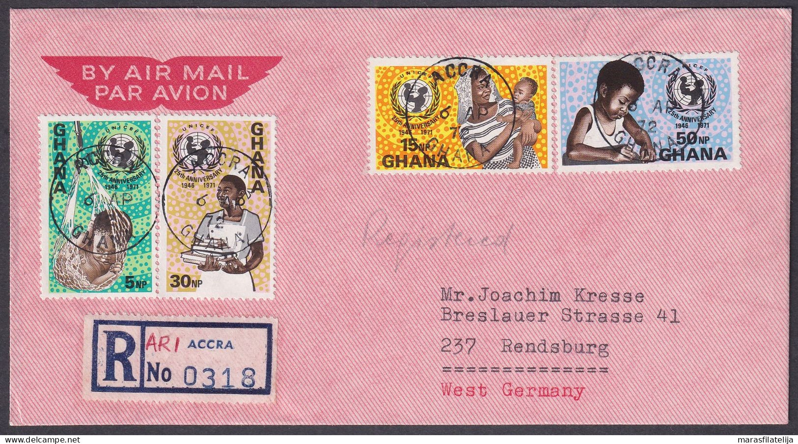 Ghana 1972, UNICEF, Set + Souvenir Sheet On Registered Letters To Germany - Ghana (1957-...)