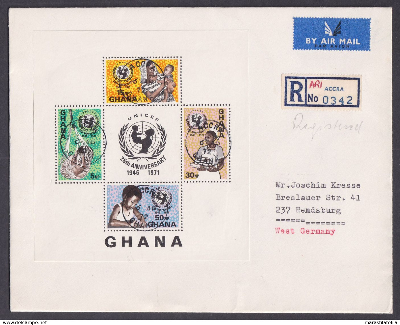 Ghana 1972, UNICEF, Set + Souvenir Sheet On Registered Letters To Germany - Ghana (1957-...)