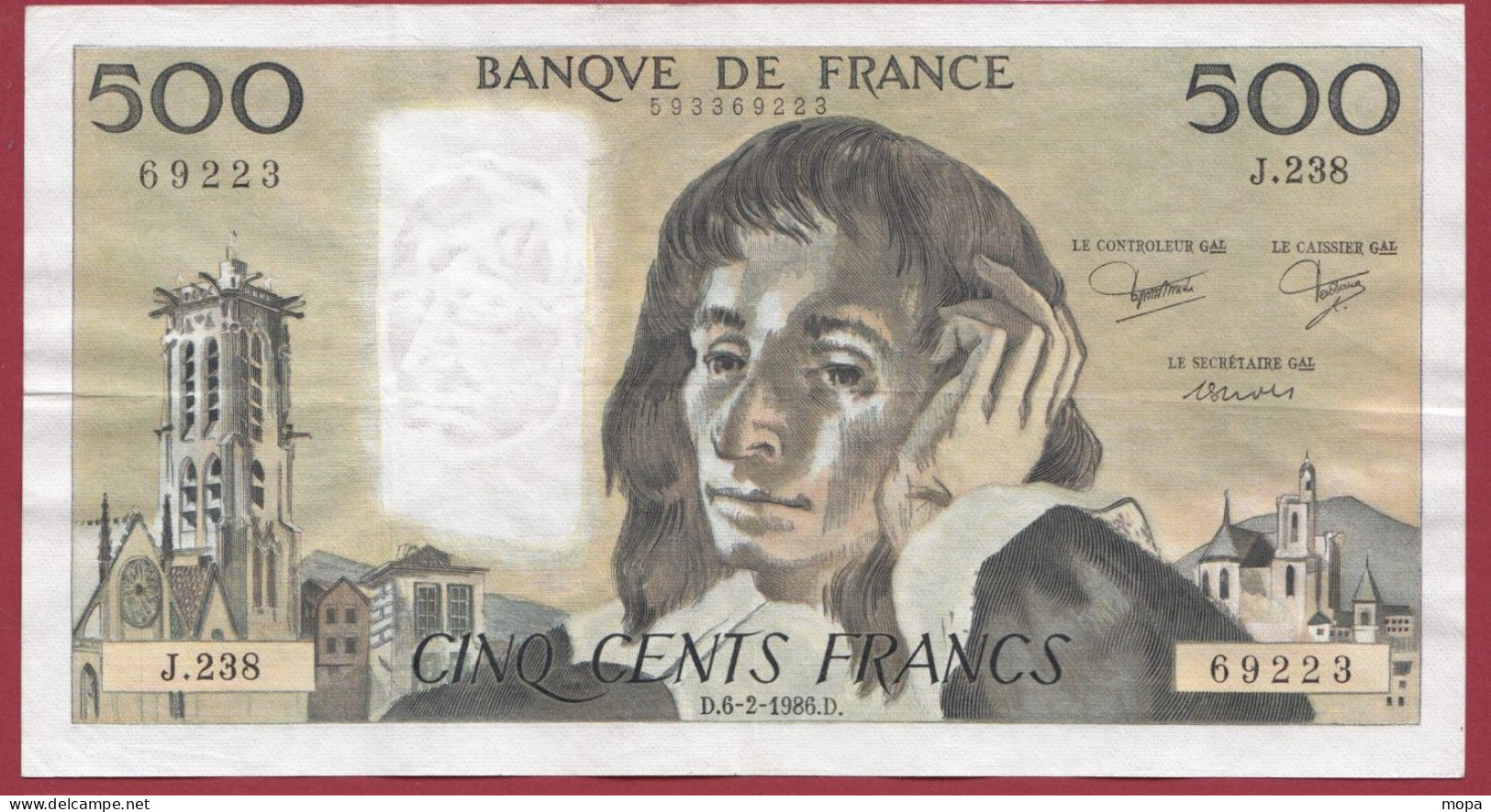 500 Francs "Pascal"- Du 06/02/1986.D--ALPH .J.238--PAS D EPINGLAGE---dans L 'état-- (952) - 500 F 1968-1993 ''Pascal''