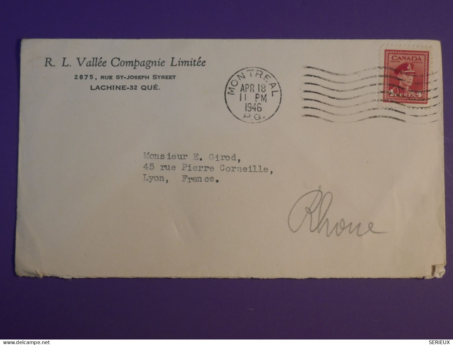 DH5 CANADA   BELLE LETTRE 1946 MONTREAL A LYON FRANCE   +AFF. INTERESSANT+++ - Cartas & Documentos