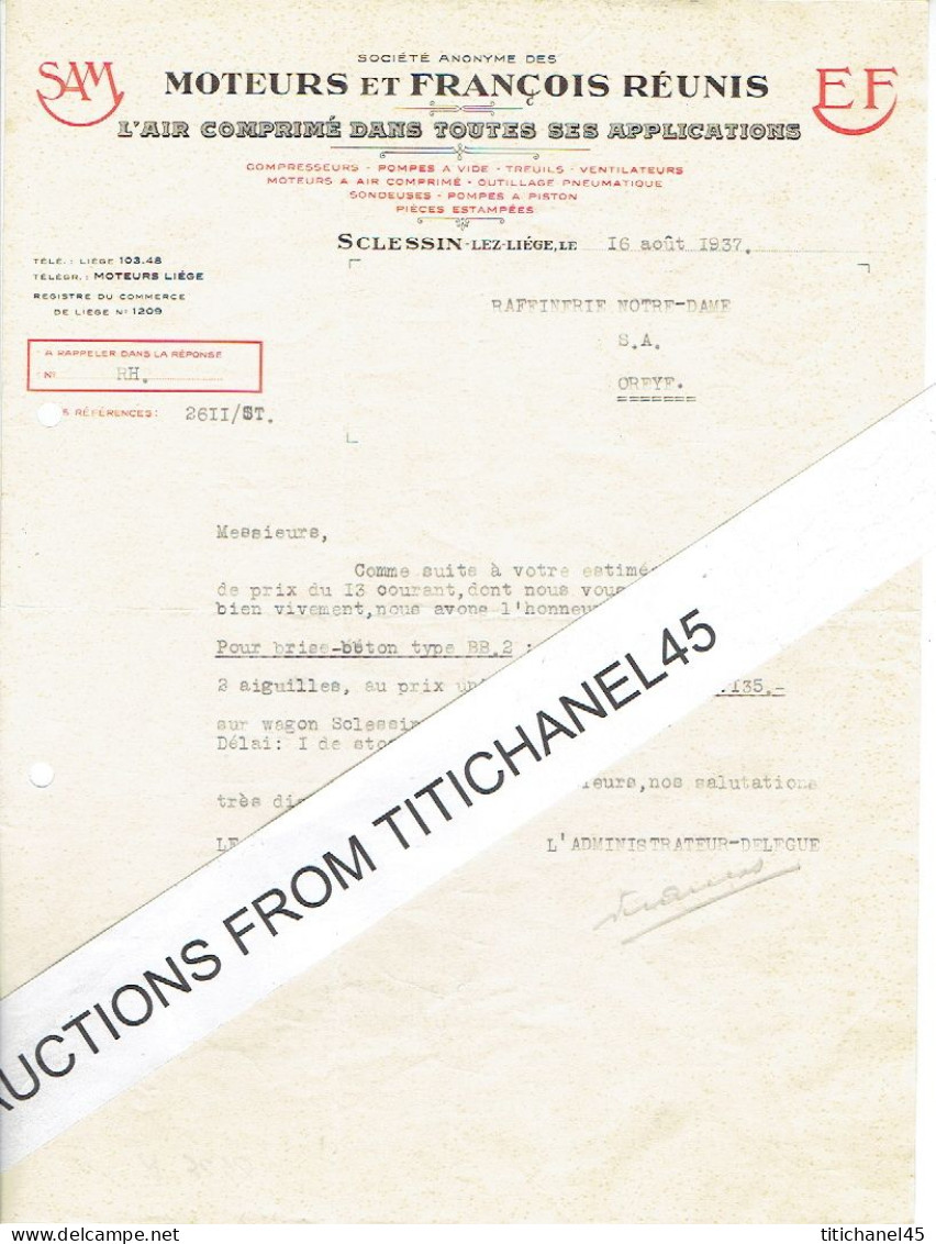 SCLESSIN 1937 - MOTEURS ET FRANCOIS REUNIS - Compresseurs, Pompes à Vide, Treuils, Ventilateurs, Moteurs à Air Comprimé. - Other & Unclassified