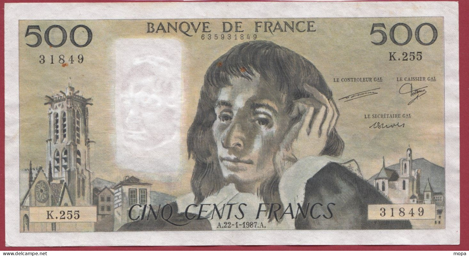 500 Francs "Pascal"- Du 22/01/1987.A--ALPH .K.255-----dans L 'état-- (955) - 500 F 1968-1993 ''Pascal''