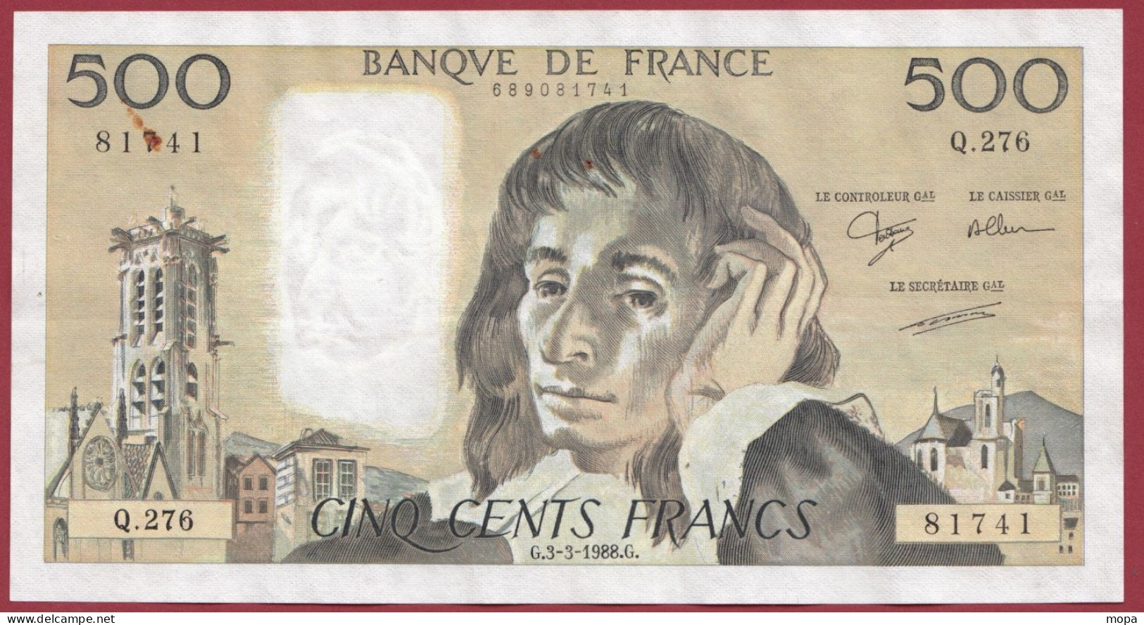 500 Francs "Pascal"- Du 03/03/1988.G--ALPH .Q.276-----dans L 'état-- (956) - 500 F 1968-1993 ''Pascal''