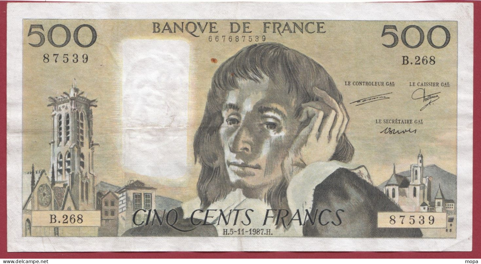 500 Francs "Pascal"- Du 05/11/1987.H--ALPH .B.268-----dans L 'état-- (958) - 500 F 1968-1993 ''Pascal''