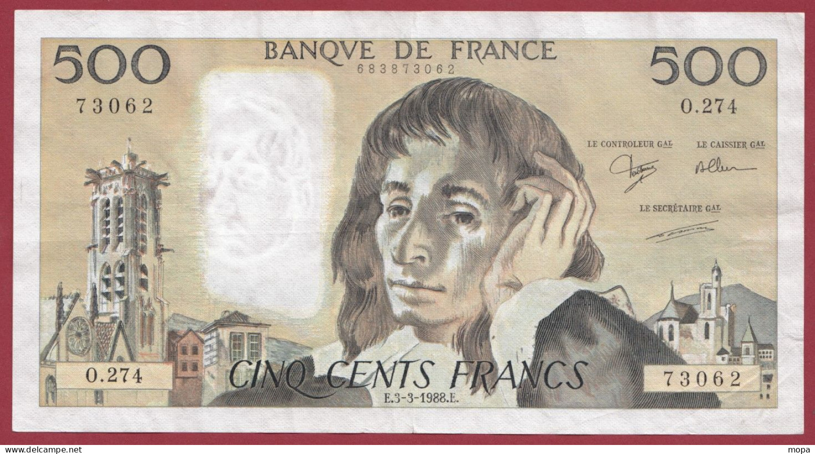500 Francs "Pascal"- Du 03/03/1988.E--ALPH .O.274--PAS D EPINGLAGE---dans L 'état-- (959) - 500 F 1968-1993 ''Pascal''