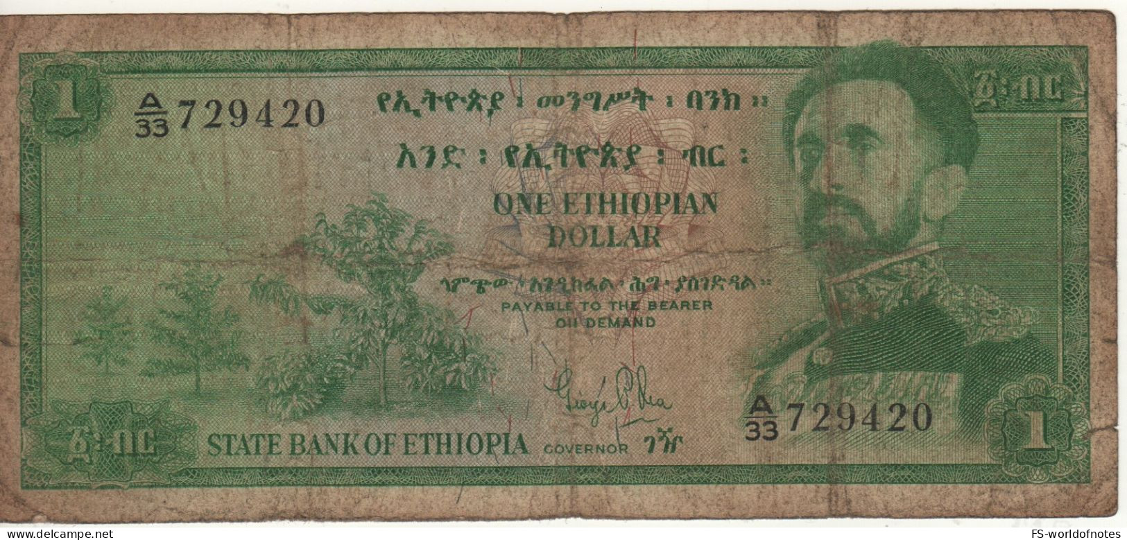 ETHIOPIA  1  Ethiopian Dollar   P18a  ( ND 1961 )    ( Emperor Haile Selassie I, Coffee Bushes + Arms At Back ) - Etiopia