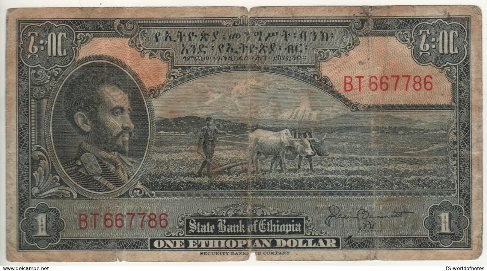 ETHIOPIA  1  Ethiopian Dollar  P12b  (Emperor Haile Selassie I, Plowing + Arms At Back ) - Etiopia