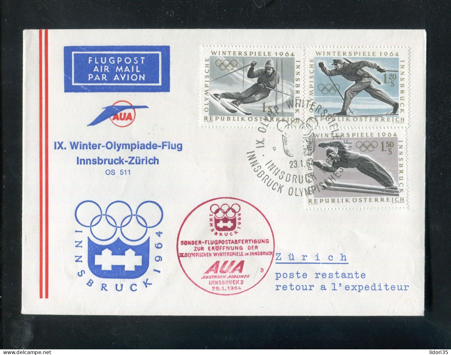 "OESTERREICH" 1964, AUA-Olympiade-Sonderflugbrief "Innsbruck-Zuerich" (5867) - Primi Voli