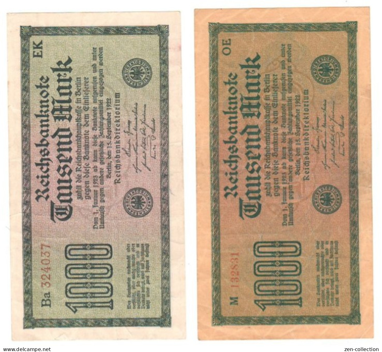 SALE Set X2 WW2 Germany Nazi Propaganda FORGERY Overprint On Genuine 1000 Mark 1923 Banknote VF++ - Sammlungen