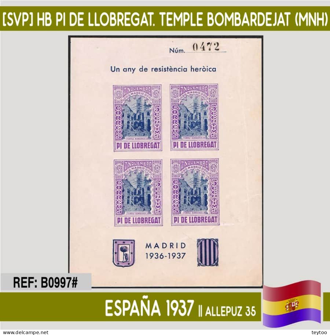 B0997# España 1937 [SVP] HB Pi De Llobregat. Temple Bombardejat (MNH) - Republican Issues