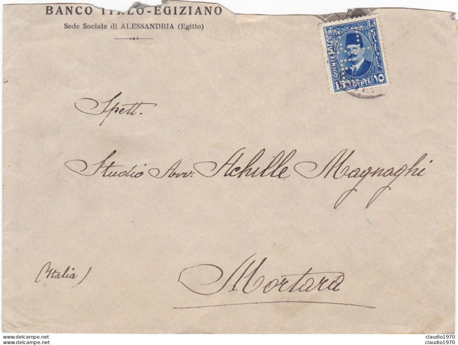 EGITTO - ALESSANDRIA - BANCO ITALO - EGIZIANO - BUSTA VIAGGIATA PER MORTARA(PV) 1957 - FRANCOBOLLO PERFIN - Covers & Documents