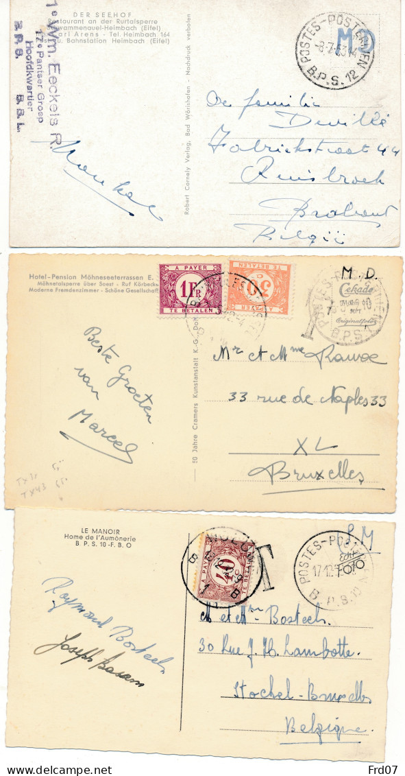 4 Cartes B.P.S. Allemagne – Belgique, Taxée & 2 Non Taxées – Période 1951/53 - Storia Postale