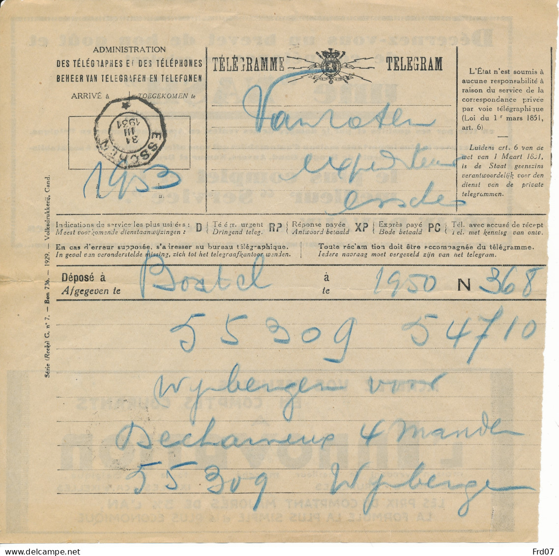 België – Telegram Essen - Esschen 31 III 1931 – Publiciteit Auto „Nash“ - Succursale  Antwerpen, +++ & Innovation - Cartas & Documentos