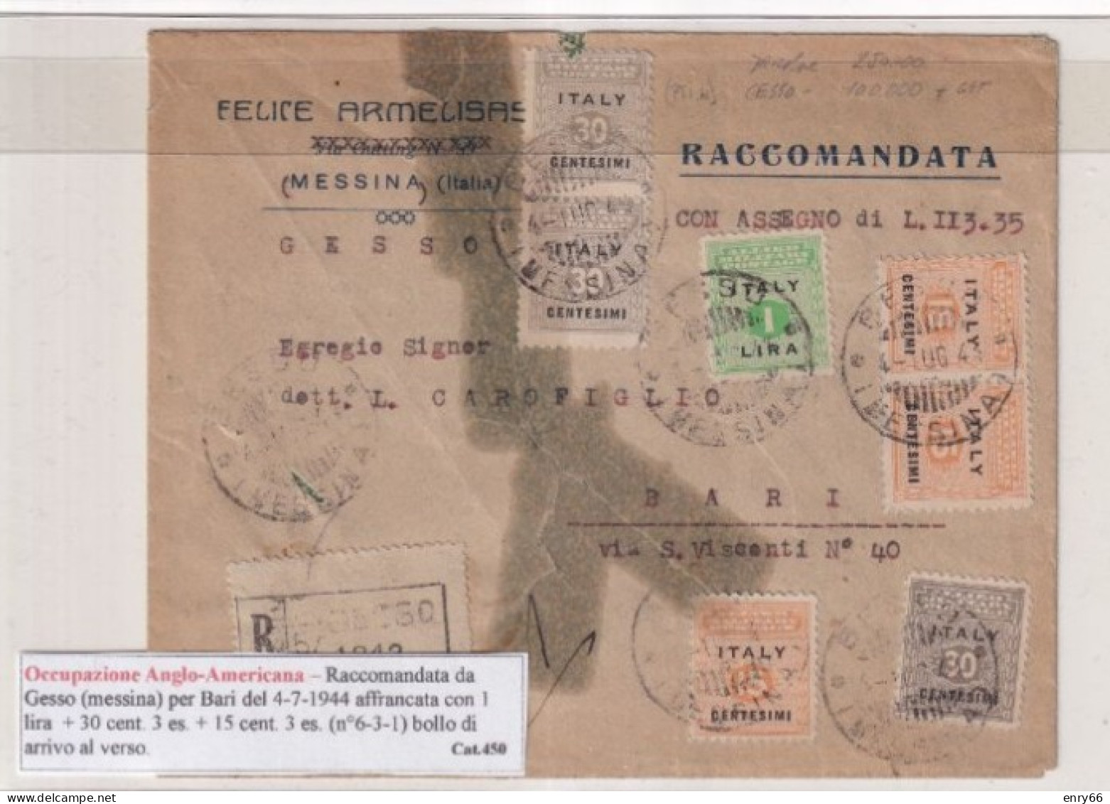 OCC. ANGLO-AMERICANA LETTERA RACCOMANDATA DA GESSO PER BARI 4-7-1944 - Occup. Anglo-americana: Sicilia