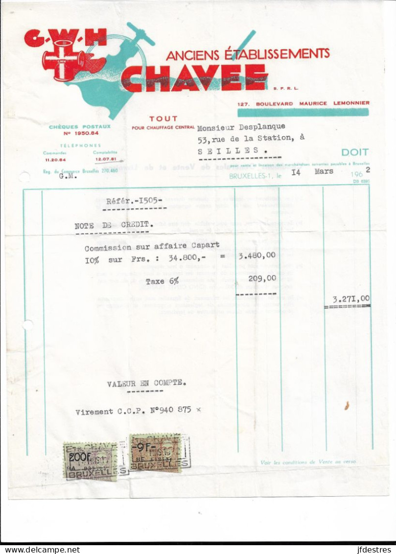 Facture Timbrée G.W.H. Anciens établissements CHAVEE Tout Pour Chauffage à M. Delplanque Seilles 1962 - 1950 - ...