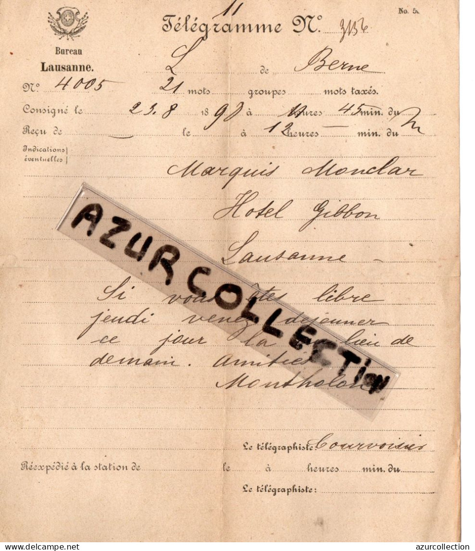 TELEGRAMME DE LAUSANNE A BERNE . 1890 - Telegrafo