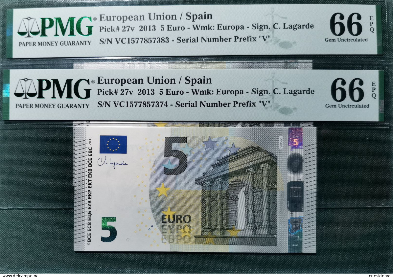 5 EURO SPAIN 2013 LAGARDE V015G5 VC   CORRELATIVE COUPLE SC FDS UNC. PMG 66 / 66 EPQ - 5 Euro