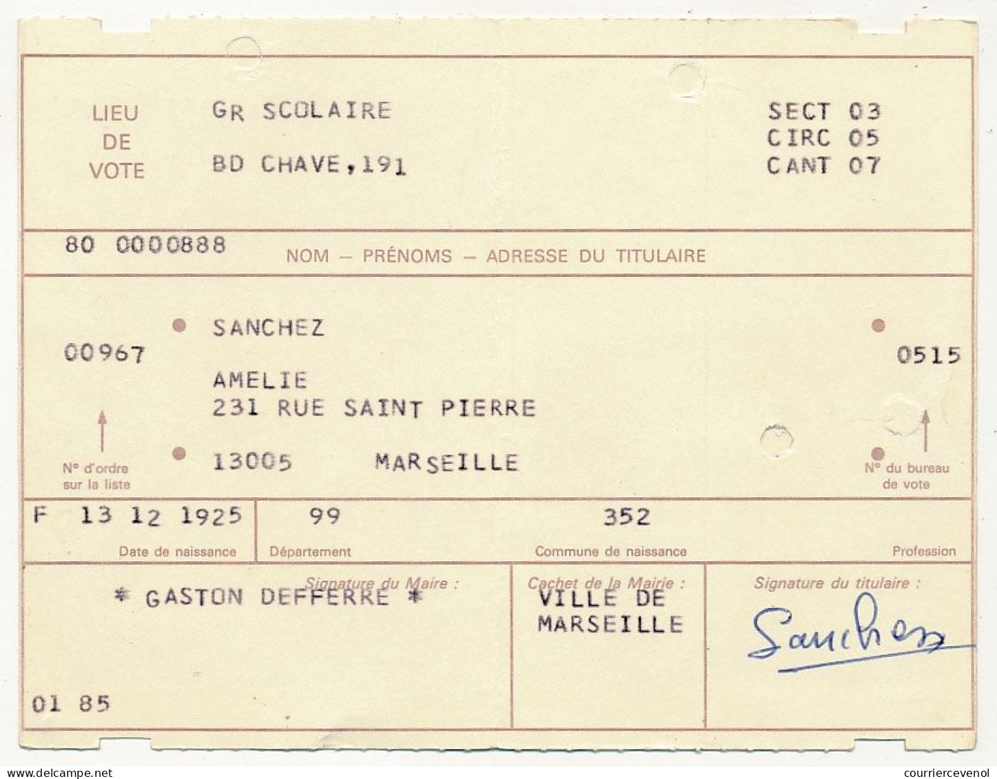 FRANCE - Carte D'électeur X2 1985/1986 - Ville De Marseille Et Mairie De Gémenos (13420) - Documents Historiques