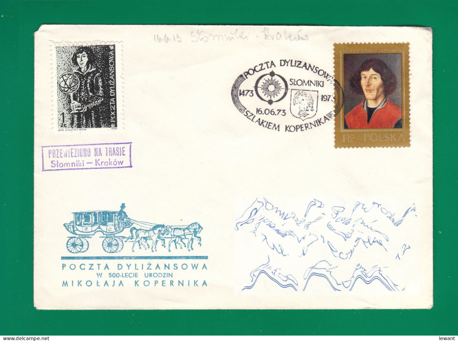 1973 Nicolaus Copernicus - Stagecoach Mail_ZIE_34_SLOMNIKI - Cartas & Documentos