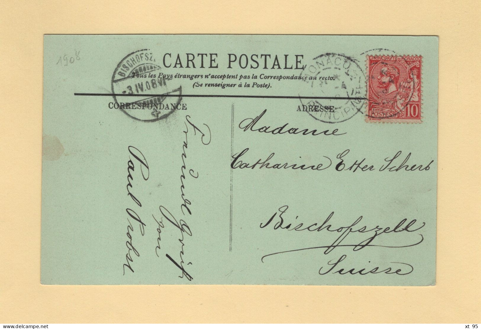 Monaco - Principaute - Carte Postale Destination Suisse - 1906 - Cartas & Documentos