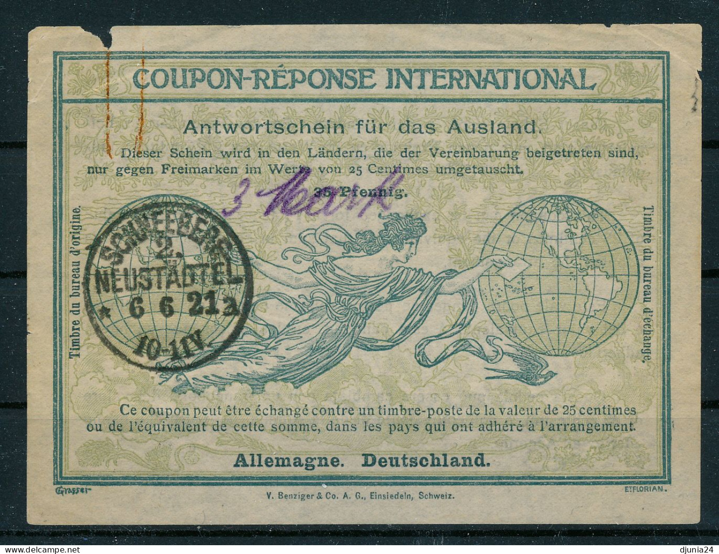 BF0264 / DR  -  1921 ,  3 Mark  Auf  35 Pfennig.  -  Type Ro4  -  Reply Coupon Reponse - Andere & Zonder Classificatie