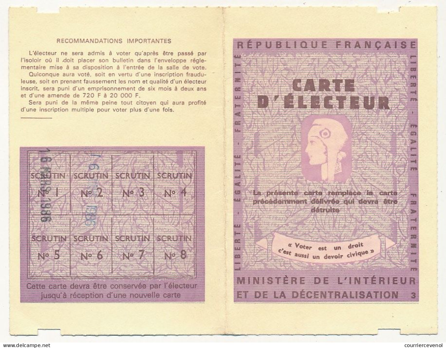 FRANCE - Carte D'électeur X2 1985/1986 - Mairie De Carry-le-Rouet (B Du R) Et Mairie De Rognes (B Du R) - Historische Documenten