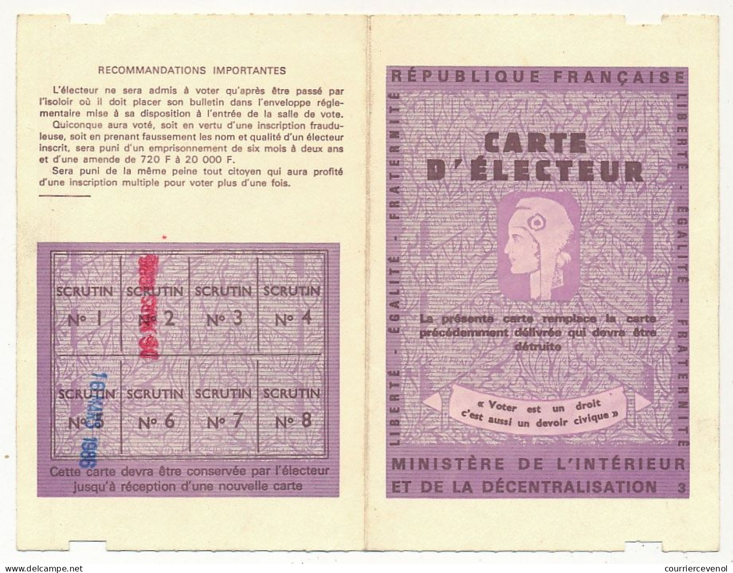 FRANCE - Carte D'électeur X2 1985/1986 - Mairie De Carry-le-Rouet (B Du R) Et Mairie De Rognes (B Du R) - Historische Documenten