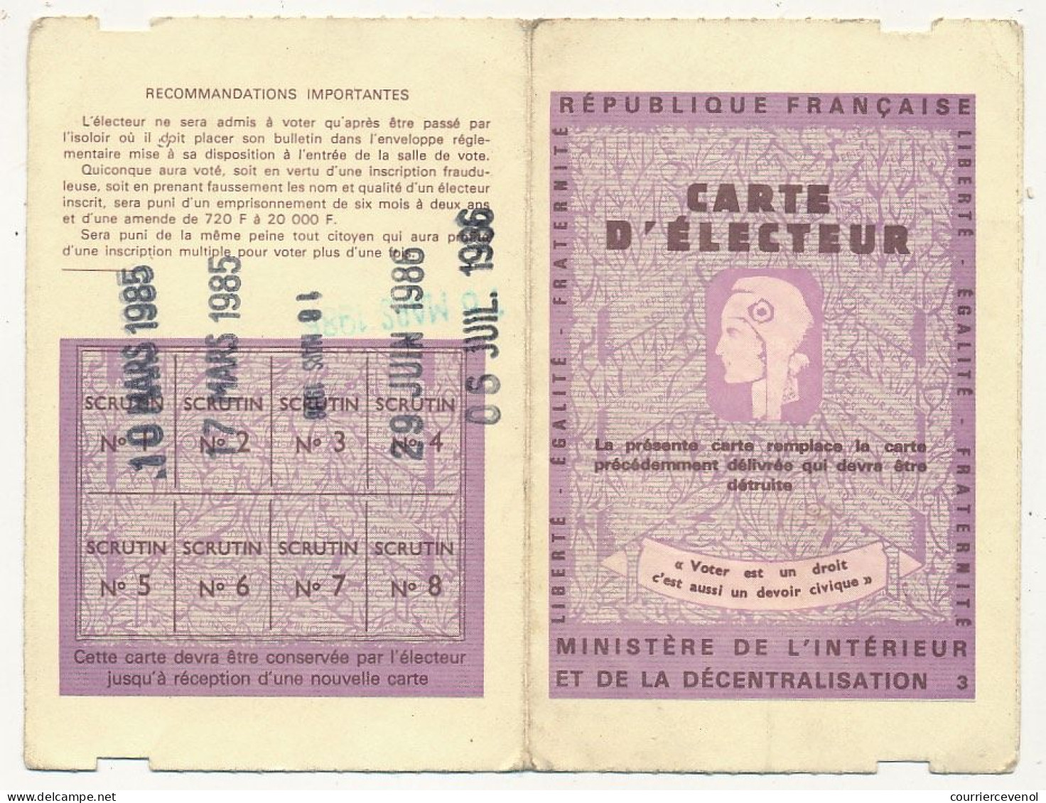 FRANCE - Carte D'électeur X2 1985/1986 - Mairie De Cassis (B Du R) Et Mairie D'Aix En Provence (B Du R) - Documents Historiques