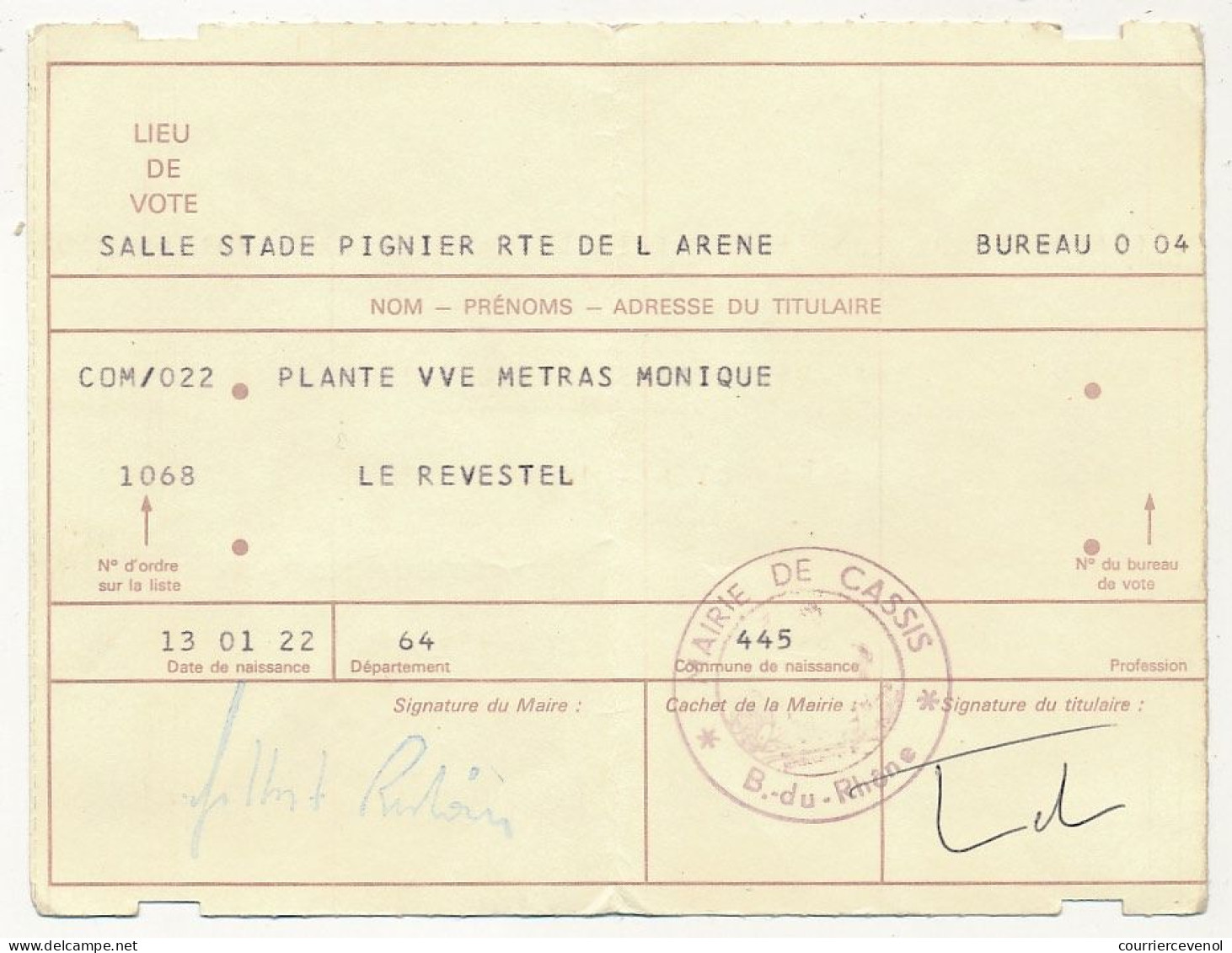 FRANCE - Carte D'électeur X2 1985/1986 - Mairie De Cassis (B Du R) Et Mairie D'Aix En Provence (B Du R) - Documents Historiques