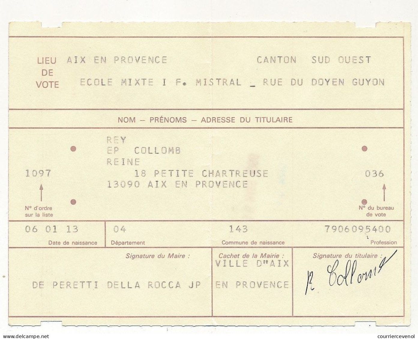 FRANCE - Carte D'électeur X2 1985/1986 - Mairie De Cassis (B Du R) Et Mairie D'Aix En Provence (B Du R) - Documents Historiques