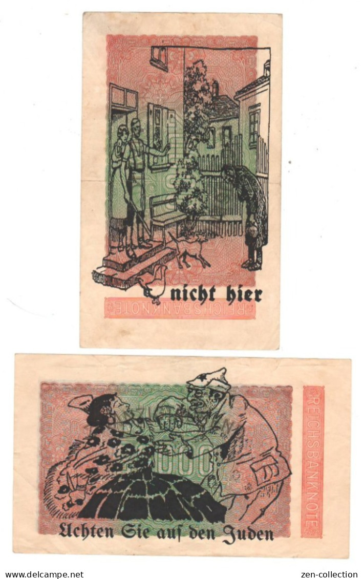 TWO WW2 Germany Hitler Mussolini Nazi Propaganda FORGERY Overprint On Genuine 20,000 Mark 1923 Banknote VF - Autres & Non Classés