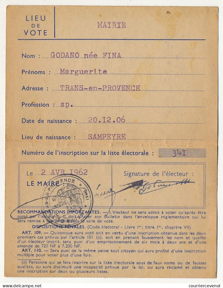 FRANCE - Carte D'électeur X2 1962 - Mairie De Trans-en-Provence (Var) - (Couple) - Documents Historiques