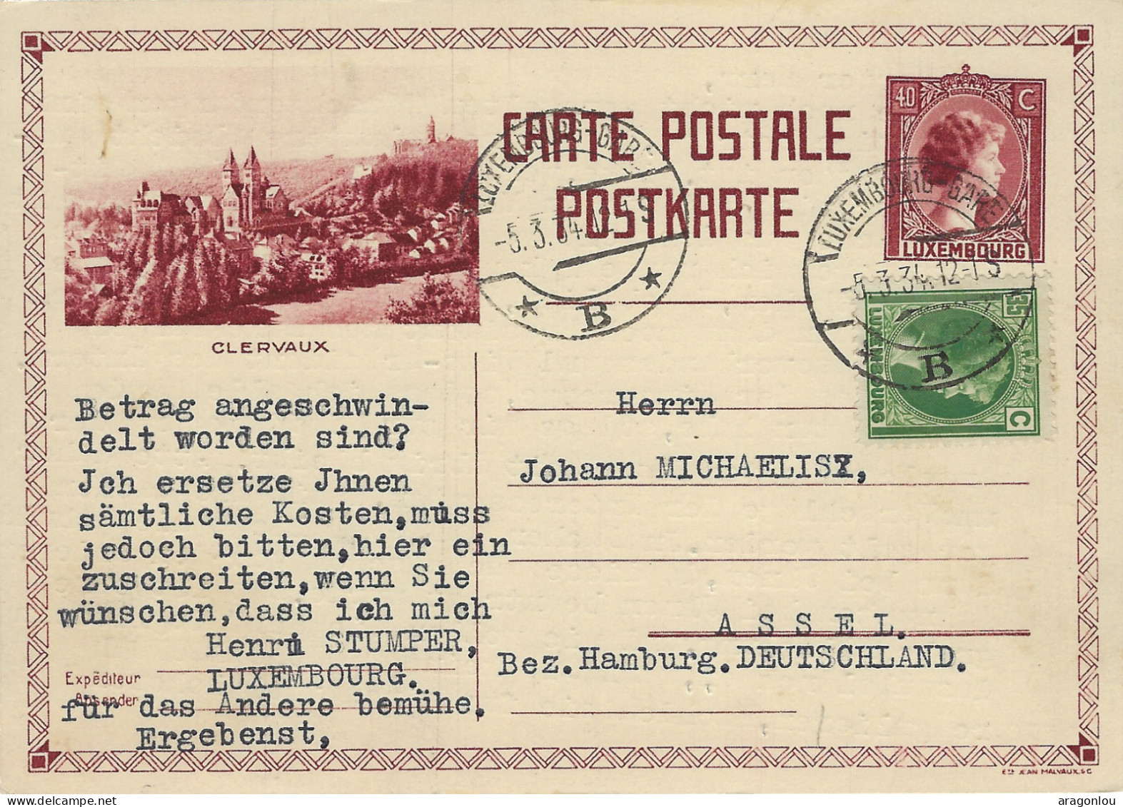 Luxembourg - Luxemburg - Carte-Postale  1934  -  Ettelbruck  Cachet  Luxembourg - Stamped Stationery