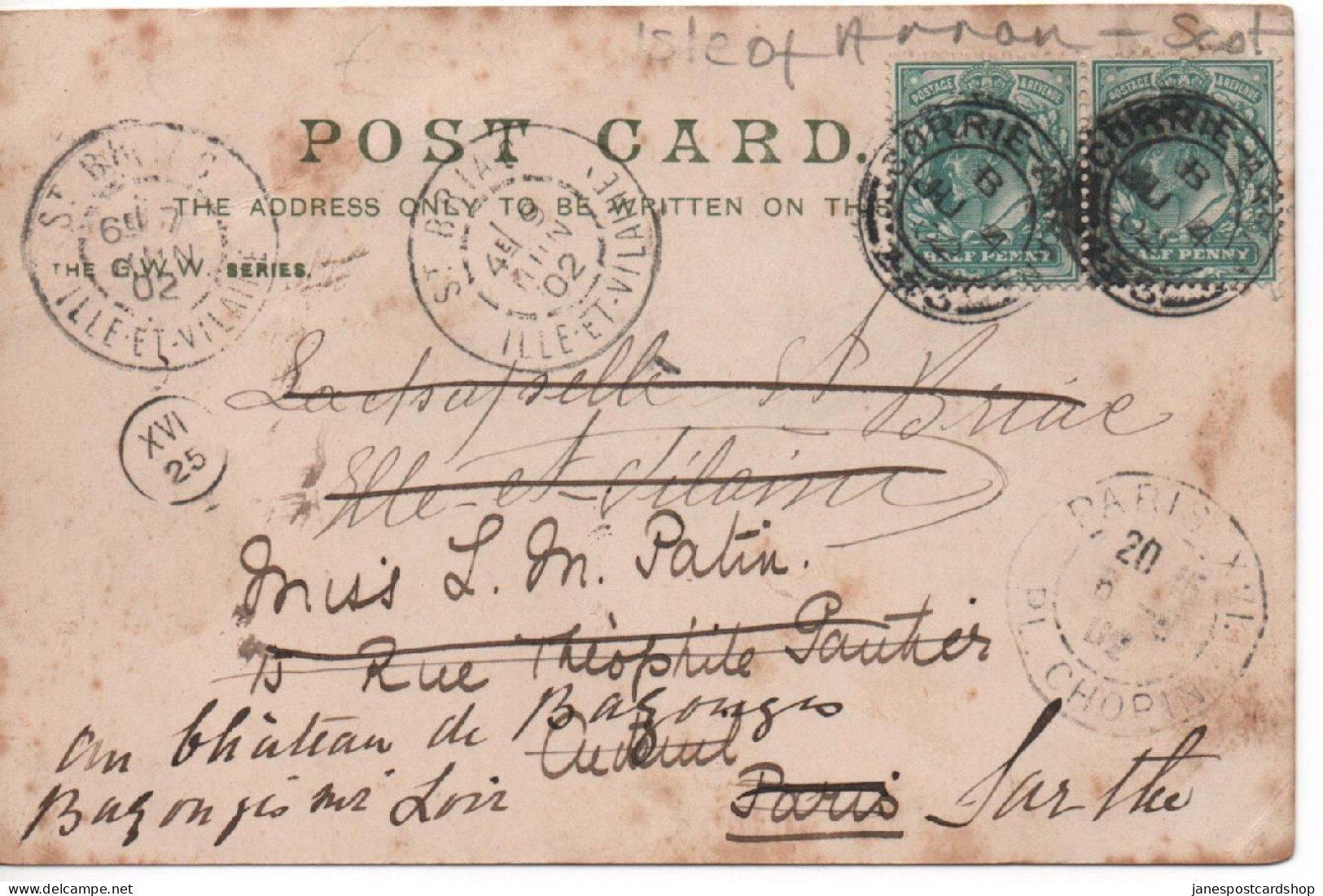 CORRIE - ISLE OF ARRAN - AYRSHIRE - WITH DOUBLE CORRIE POSTMARK 1902 AND VARIOUS FRENCH POSTMARKS - Ayrshire